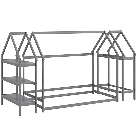 SUGIFT Gray Detachable Storage Shelves and Coat Rack Twin Kids Montessori House Floor Bed