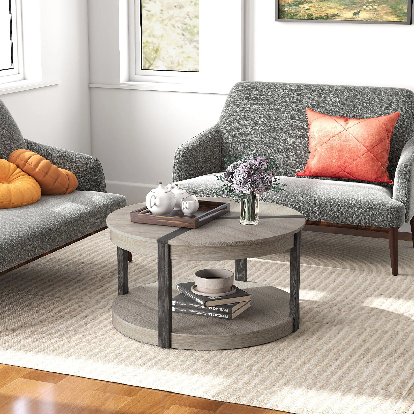 SlickBlue Round Coffee Table with 2 Tier Storage Shelf