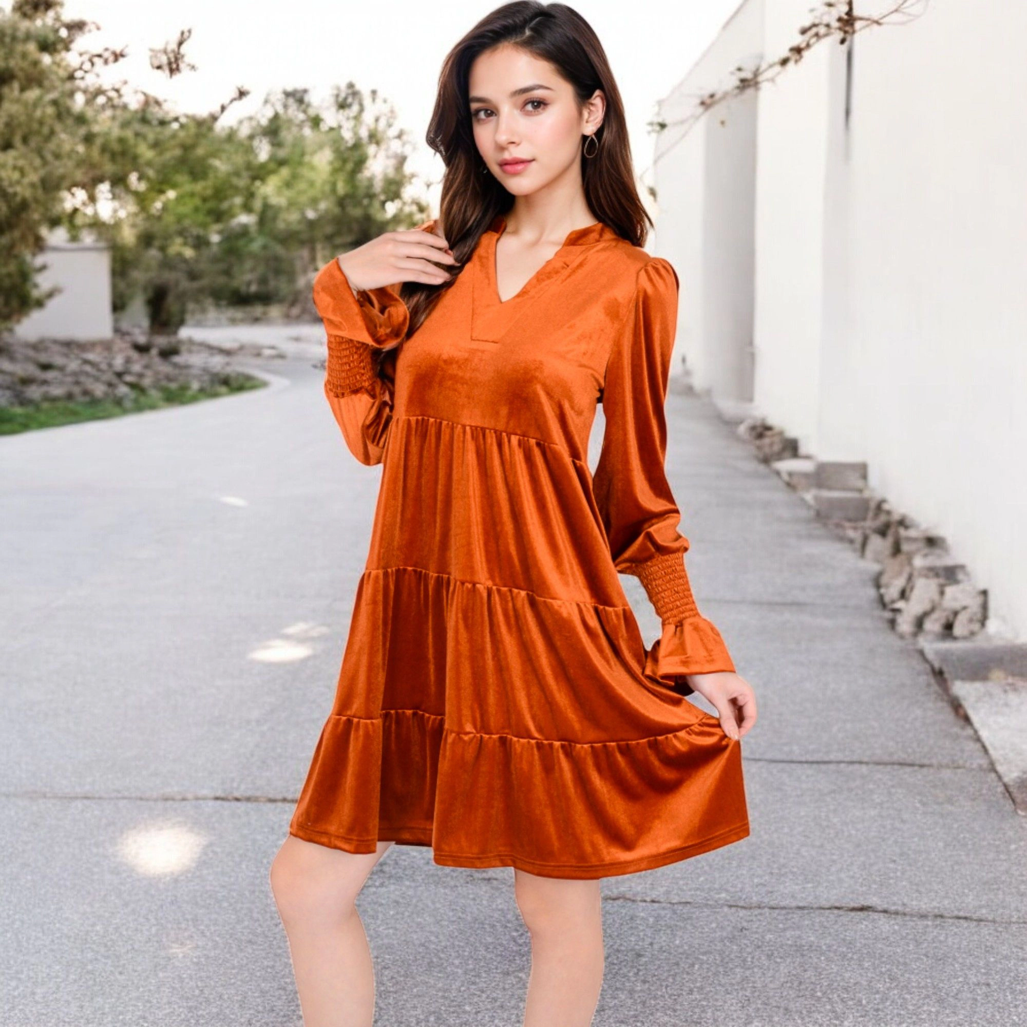 Anna-Kaci Women's Tiered A-Line Long Sleeves Smocked Cuffs Dress