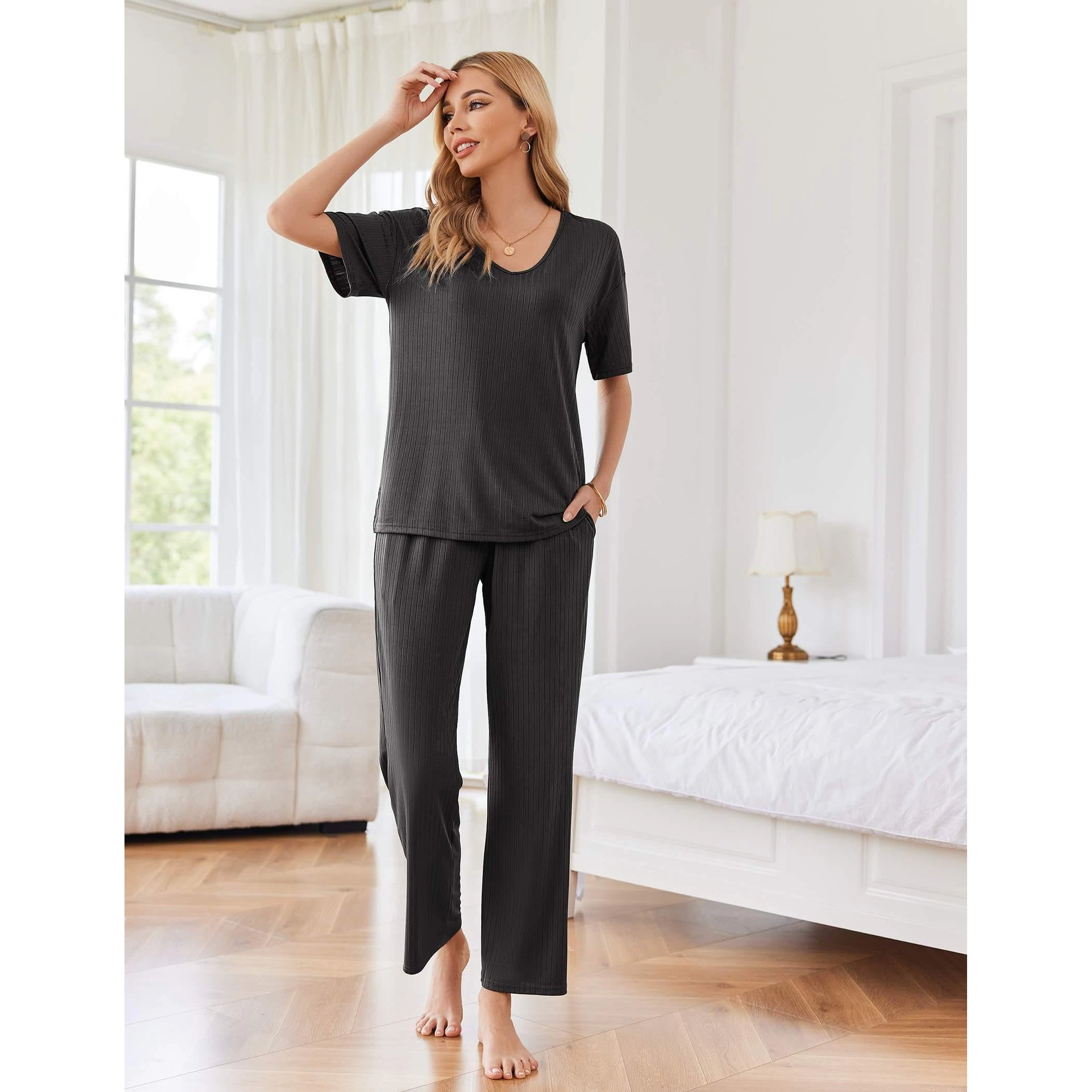 Ekouaer Lounge Sets for Women Ribbed Pajama Set Short Sleeve Top and Long Pants with Pockets