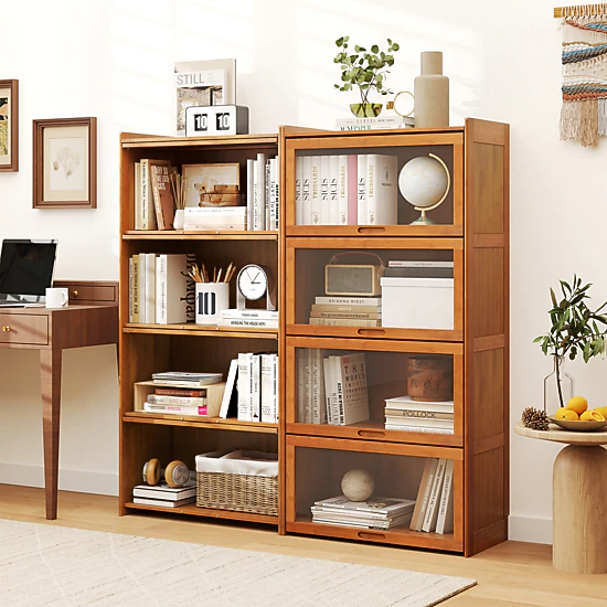 Costway 4-Tier Bamboo Bookshelf w/Doors See-through Acrylic Doors Freestanding Bookcase Natural