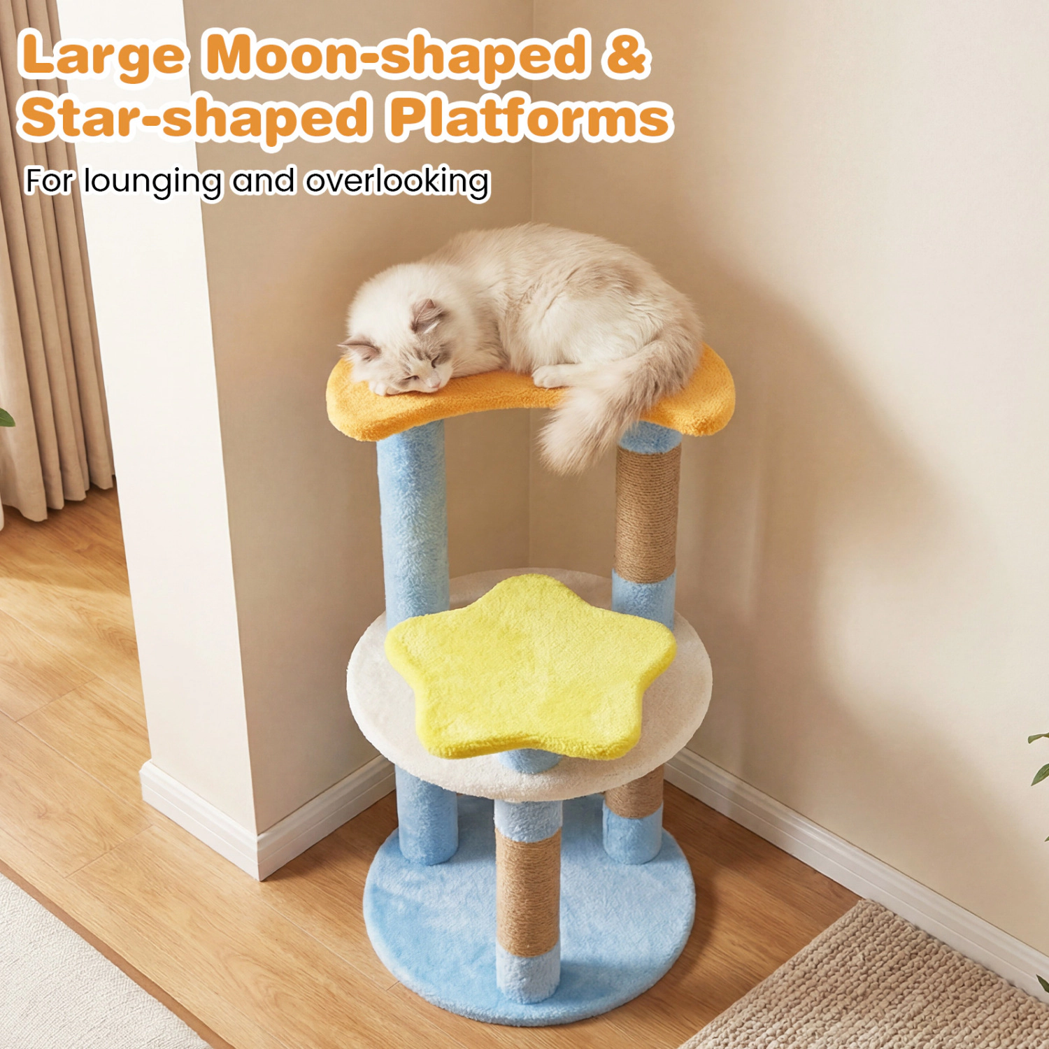 LJG 29 Inches Cute Modern Cat Tree with Star and Moon Shaped Platforms