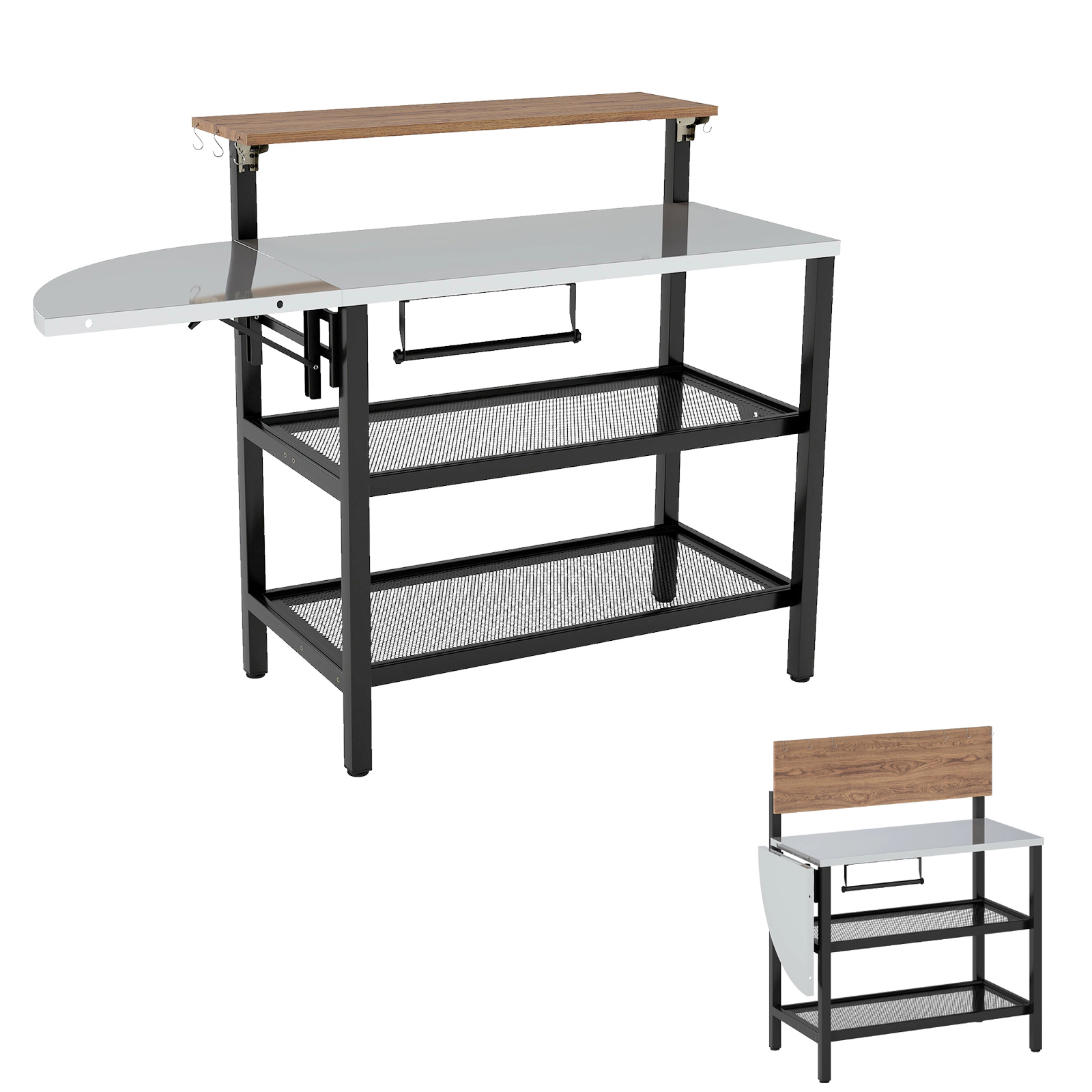 LJG Outdoor Foldable Grill Table with Flip-up Top and 2 Storage Shelves for Backyard Garden