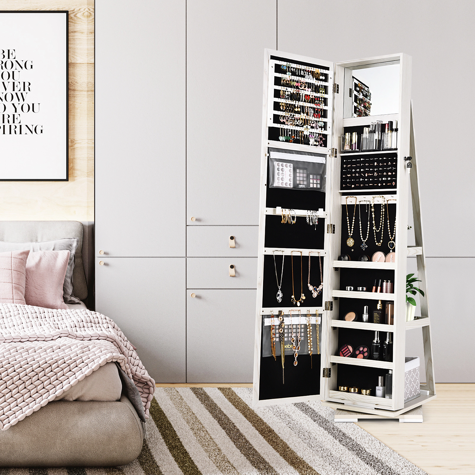 SUGIFT White 360-Degree Rotating Jewelry Cabinet with 100 Earring Slots 30 Hooks and Full-Length Mirror