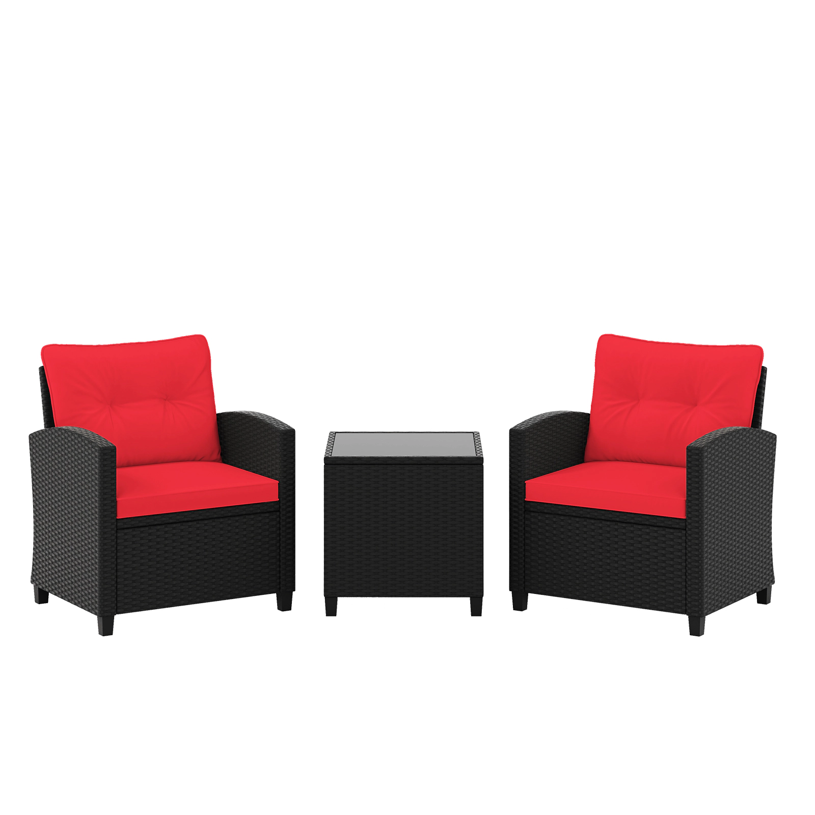 SUGIFT 3-Piece Black Rattan Patio Conversation Set with Cushioned Chairs and Glass Table
