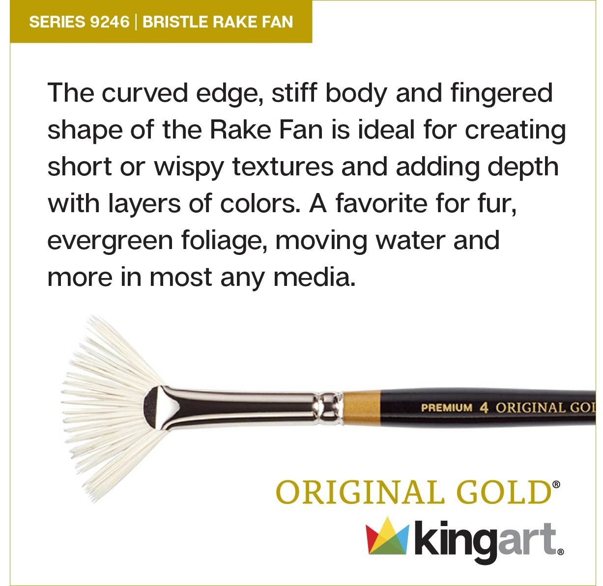 KINGART Original Gold 9246 Rake Fan Brush - Synthetic Bristle, Size 2
