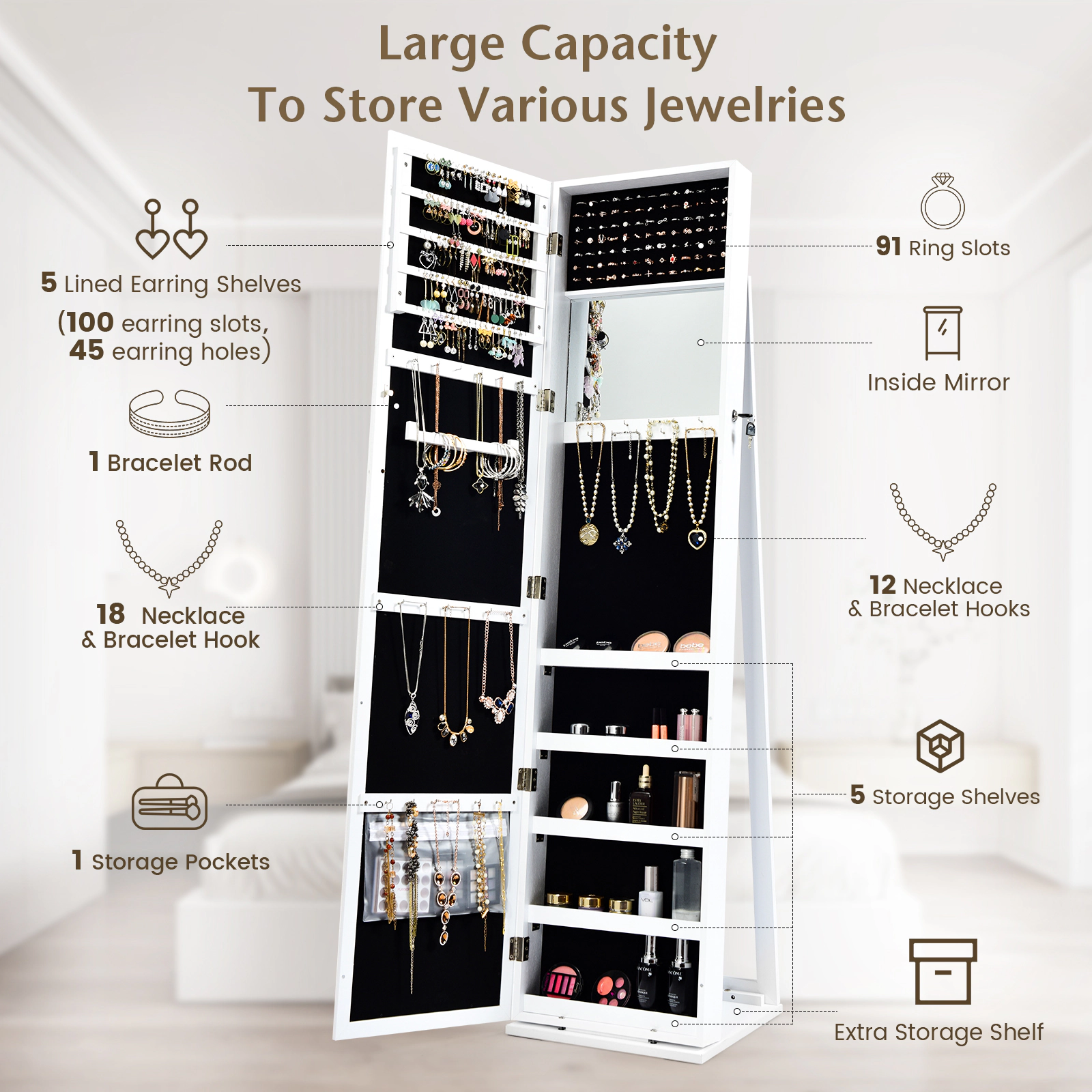 SUGIFT White Standing Jewelry Storage Organizer with Full-Length Mirror Lockable Armoire and Velvet Shelves
