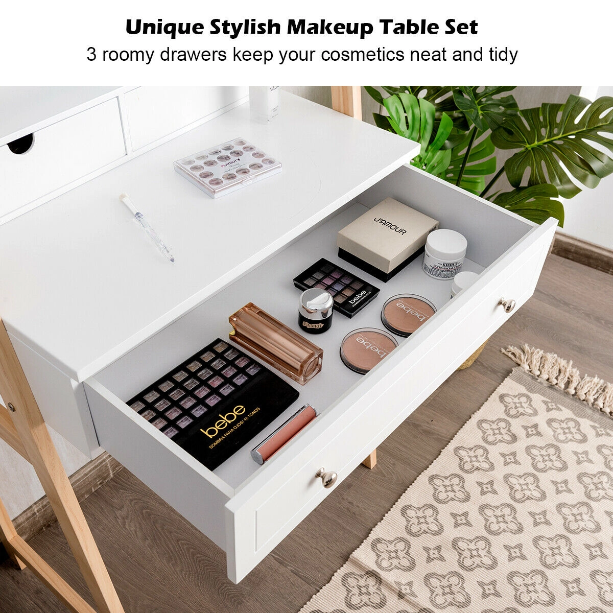 SUGIFT 286-lb Capacity White Vanity Makeup Table Set with Large Mirror 3 Drawers and Cushioned Stool