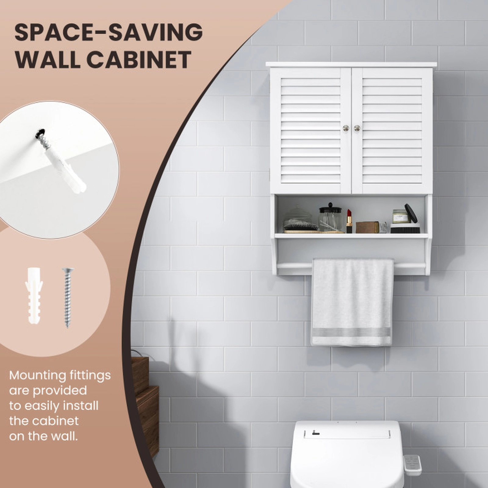 SUGIFT 2 Louvered Doors Towel Bar 3-Position Shelf MDF Bathroom Medicine Cabinet 23-in x 9-in x 30-in 22-lb White