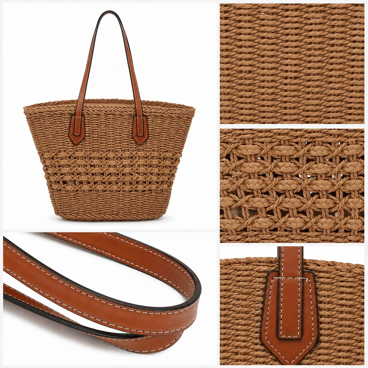 Alilang Women's Woven Straw Tote Bag with Zip Closure Small Interior Pocket and Leather Handles, Khaki