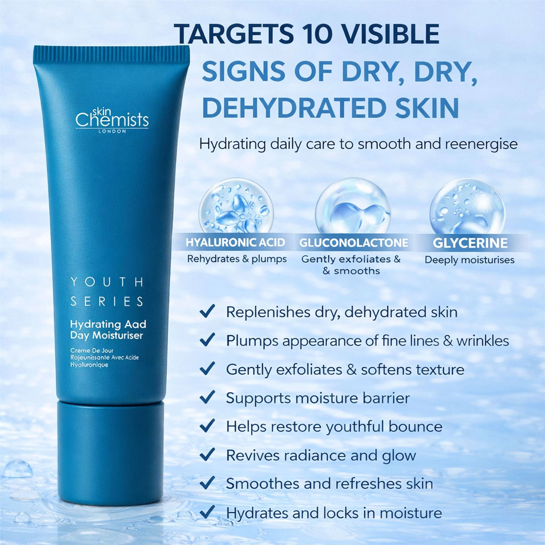 skinChemists Hyaluronic Acid Day Moisturiser 50ml - Hydrating Anti-Aging Cream for Dryness, Fine Lines & Wrinkles