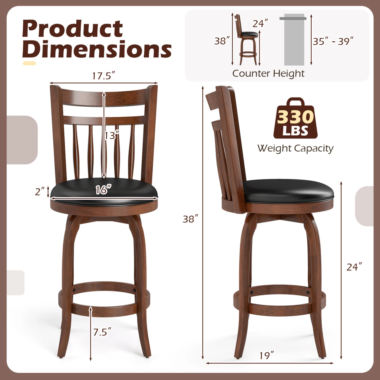 SUGIFT Set of 2 24-Inch Counter-Height Swivel Stools, Faux Leather, Curved Back, Footrest