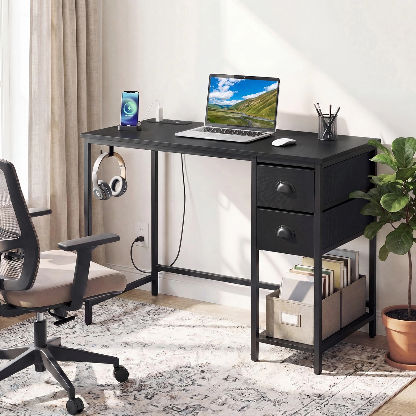 SUGIFT 38-Inch Computer Desk with Fabric Drawers, Charging Station, Shelf and Headset Hook