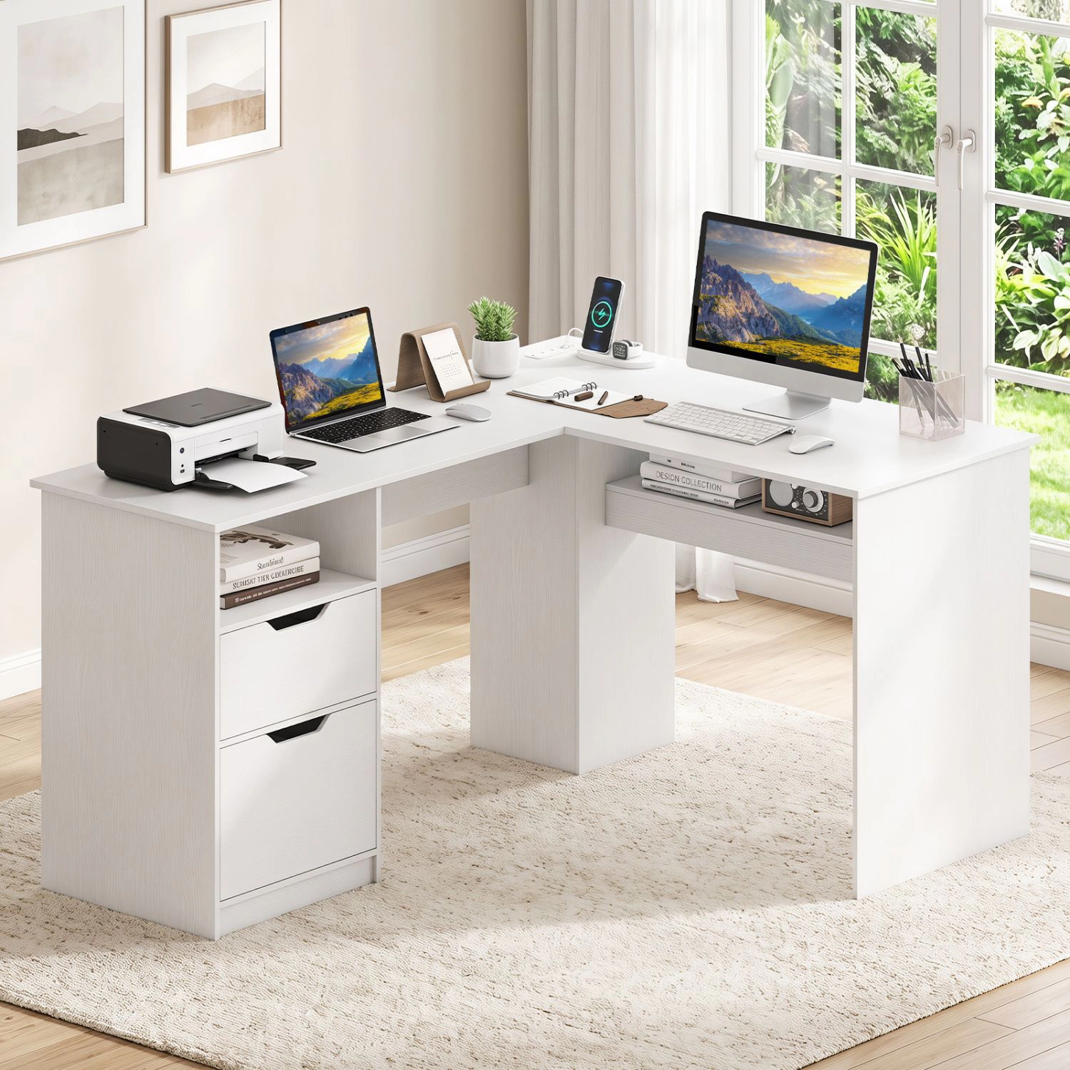 SlickBlue 59" L-Shaped Computer Desk with Drawers and Charging Station