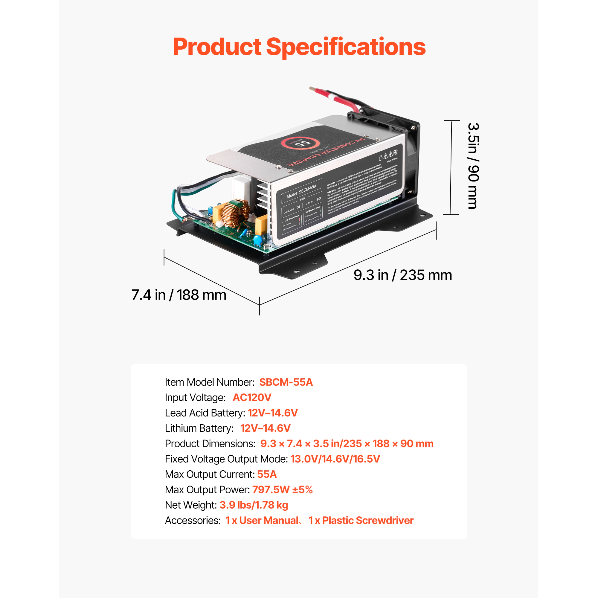 HONGGE WF-8955 Main Board Assembly 55 Amp RV Power Converter Replacement Unit for Lithium Lead Acid Battery