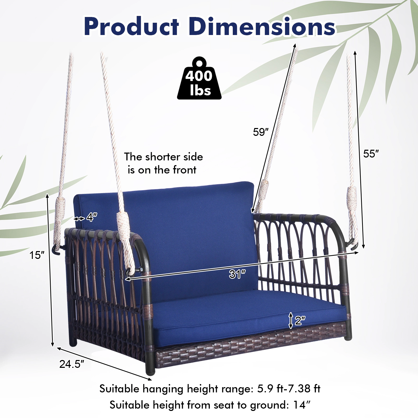 SUGIFT Single Person Hanging Swing Seat with Seat and Back Cushions 400-Lb Capacity Navy Mix Brown