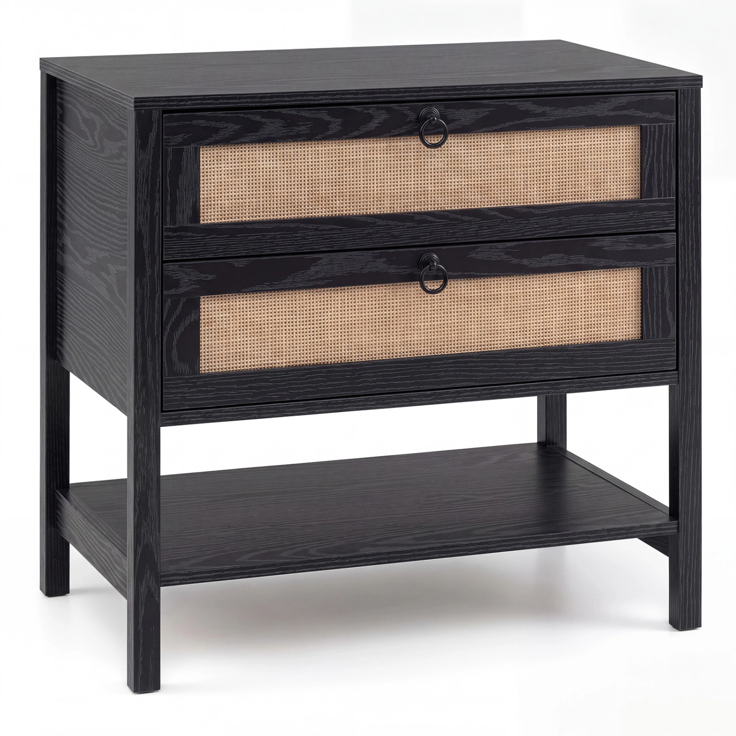 Hivvago Boho Rattan Nightstand with 2 Drawers and Bottom Open Shelf