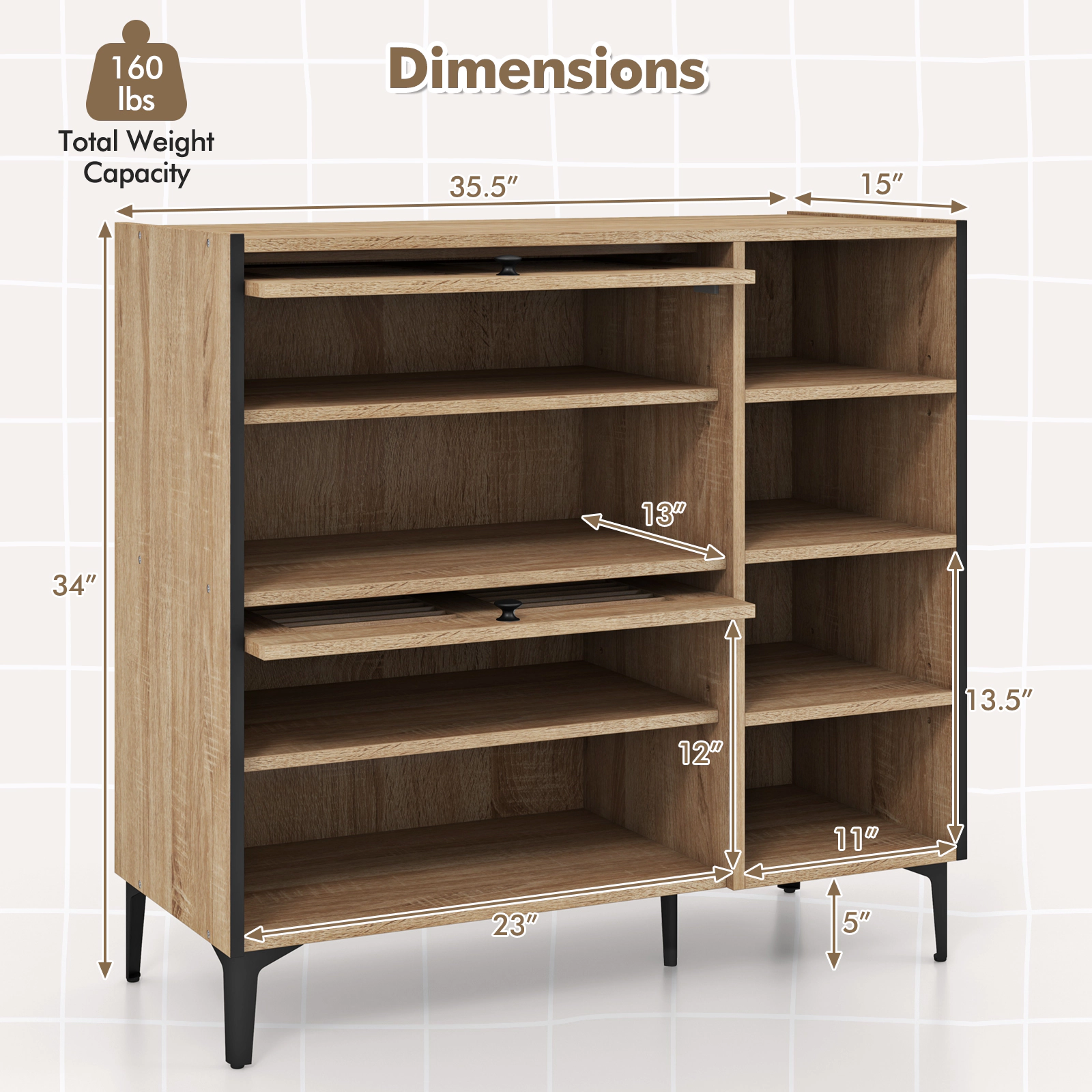 SUGIFT Oak 35.5-in Entryway Shoe Cabinet with 2 Flip-Up See-Through Doors and 4 Open Storage Shelves