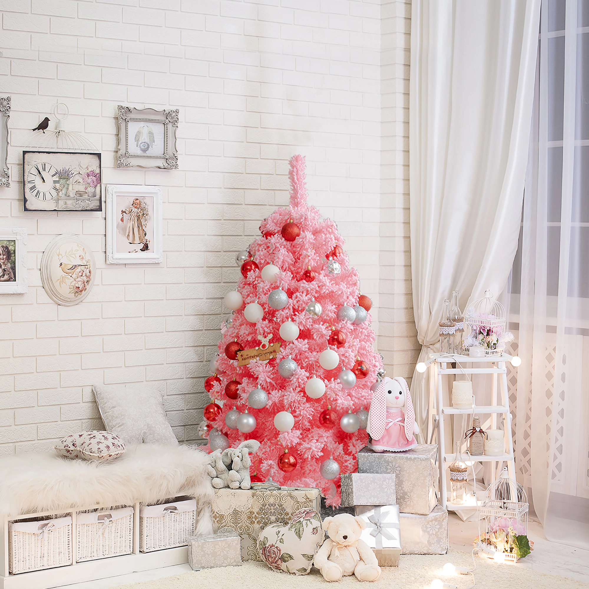 Costway 4.5/6.5/7.5ft Snow Flocked Hinged Artificial Christmas Tree w/ Metal Stand