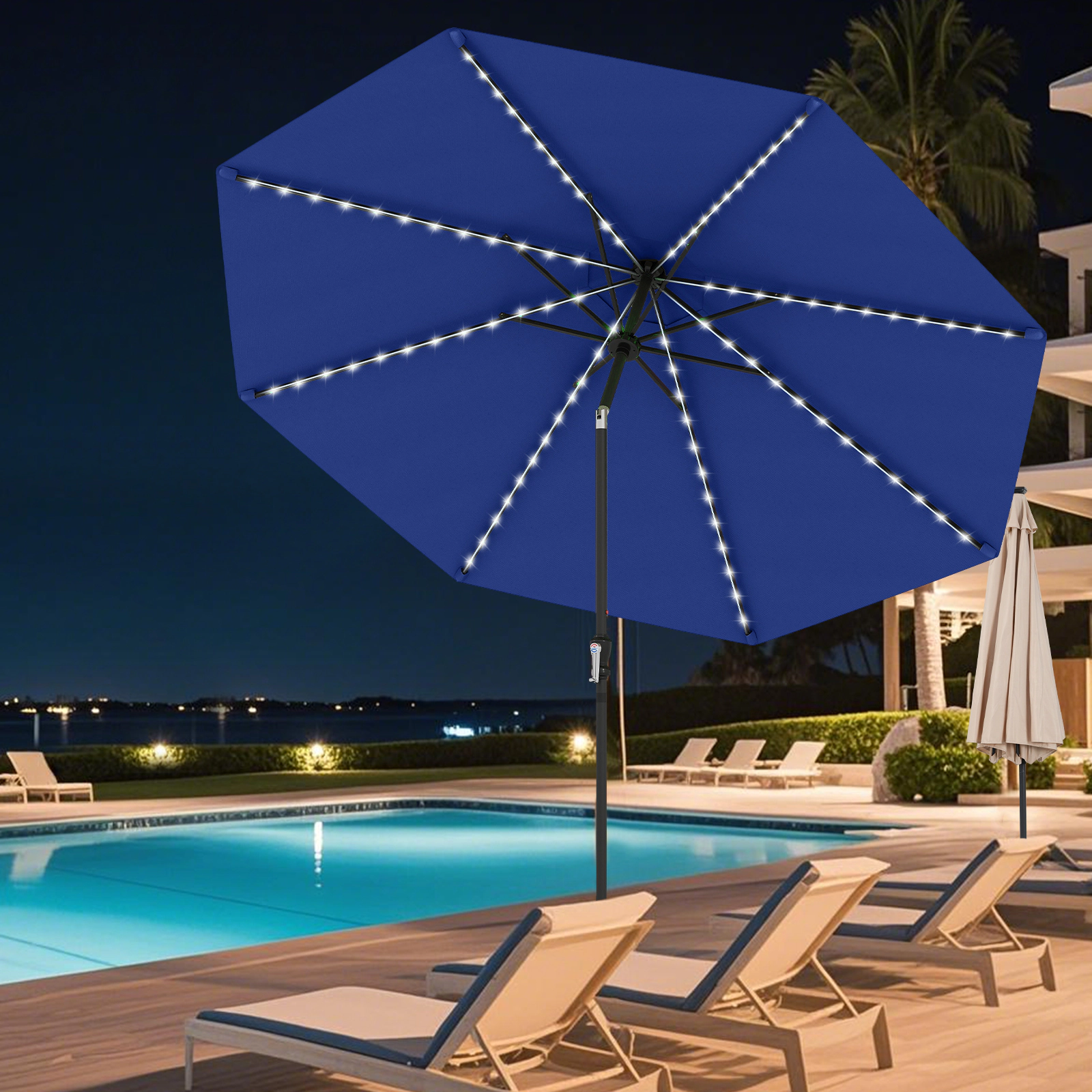 SUGIFT 10 ft Solar Patio Umbrella with 96 Color-Changing LED Lights and Tilt
