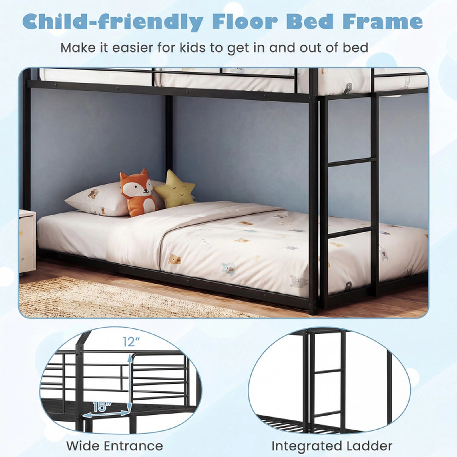 SUGIFT Black House Roof Frame and Ladder 400-lb Twin Over Twin Kids Metal Bunk Bed