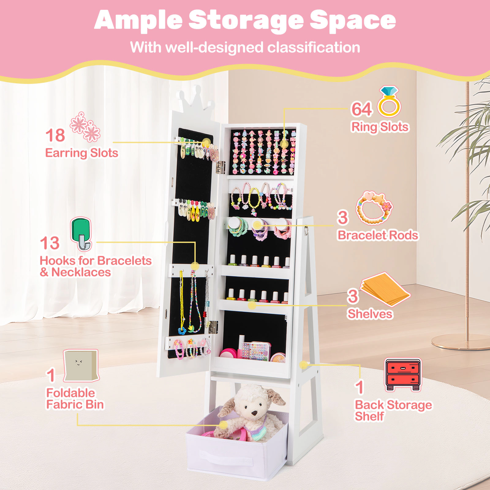 SUGIFT 45.5-in Pink Kids Standing Jewelry Cabinet with Dressing Mirror Tiered Trays and Hook Rows