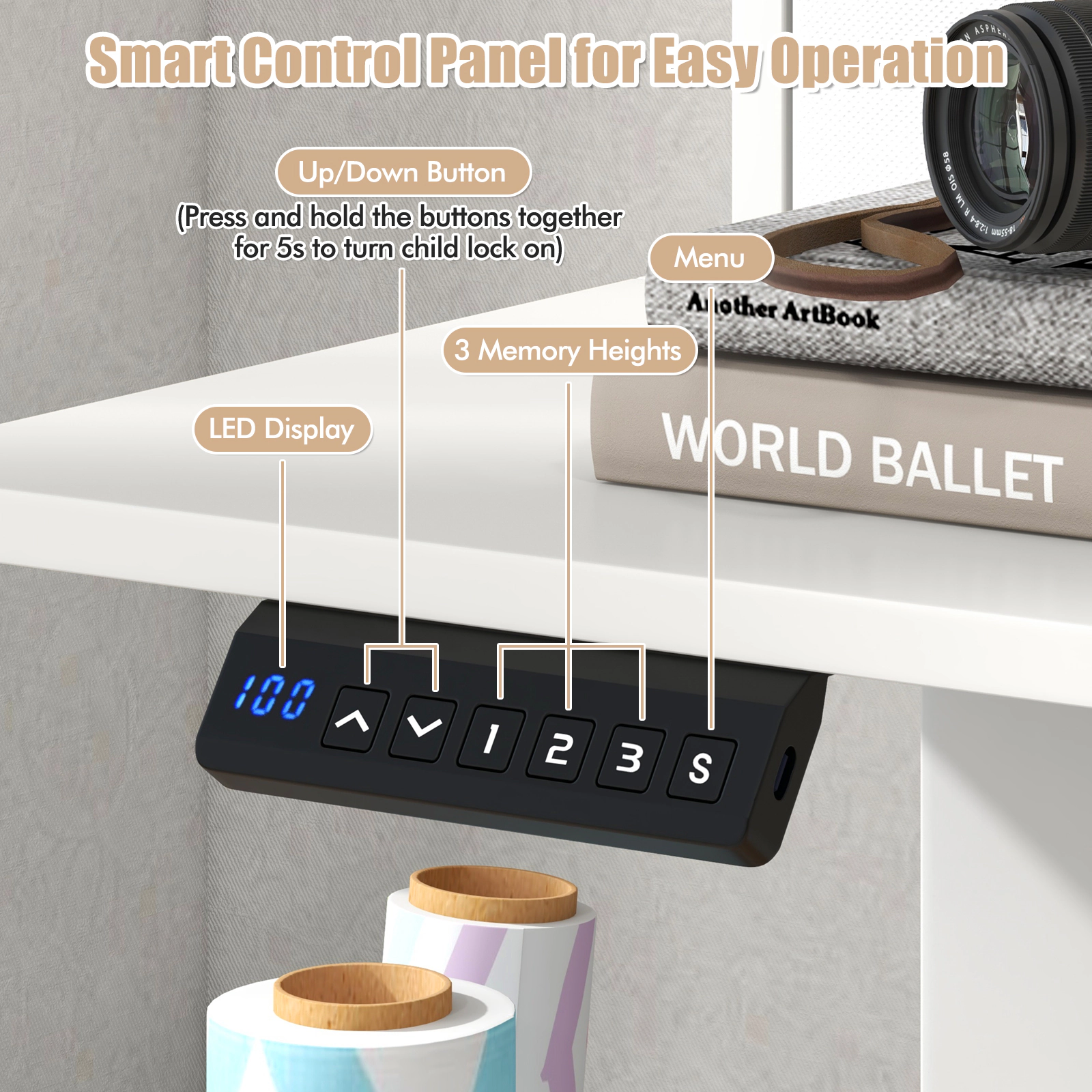 SUGIFT 55-in x 24-in White Electric Standing Desk with Shelf, Storage, Hooks and Cable Organizer