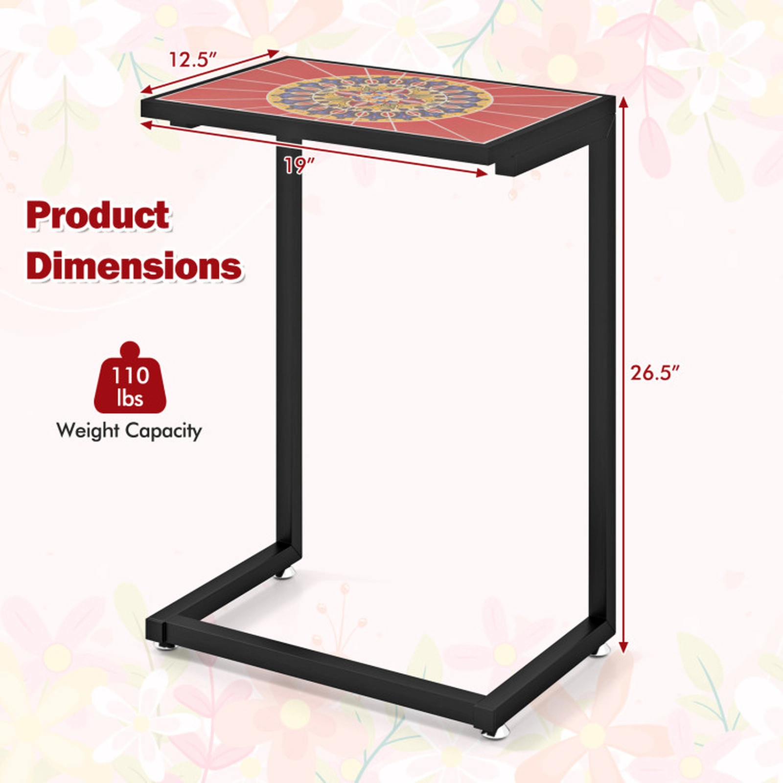 SUGIFT 26-Inch C-Shaped Patio Side Table with Glazed Ceramic Top