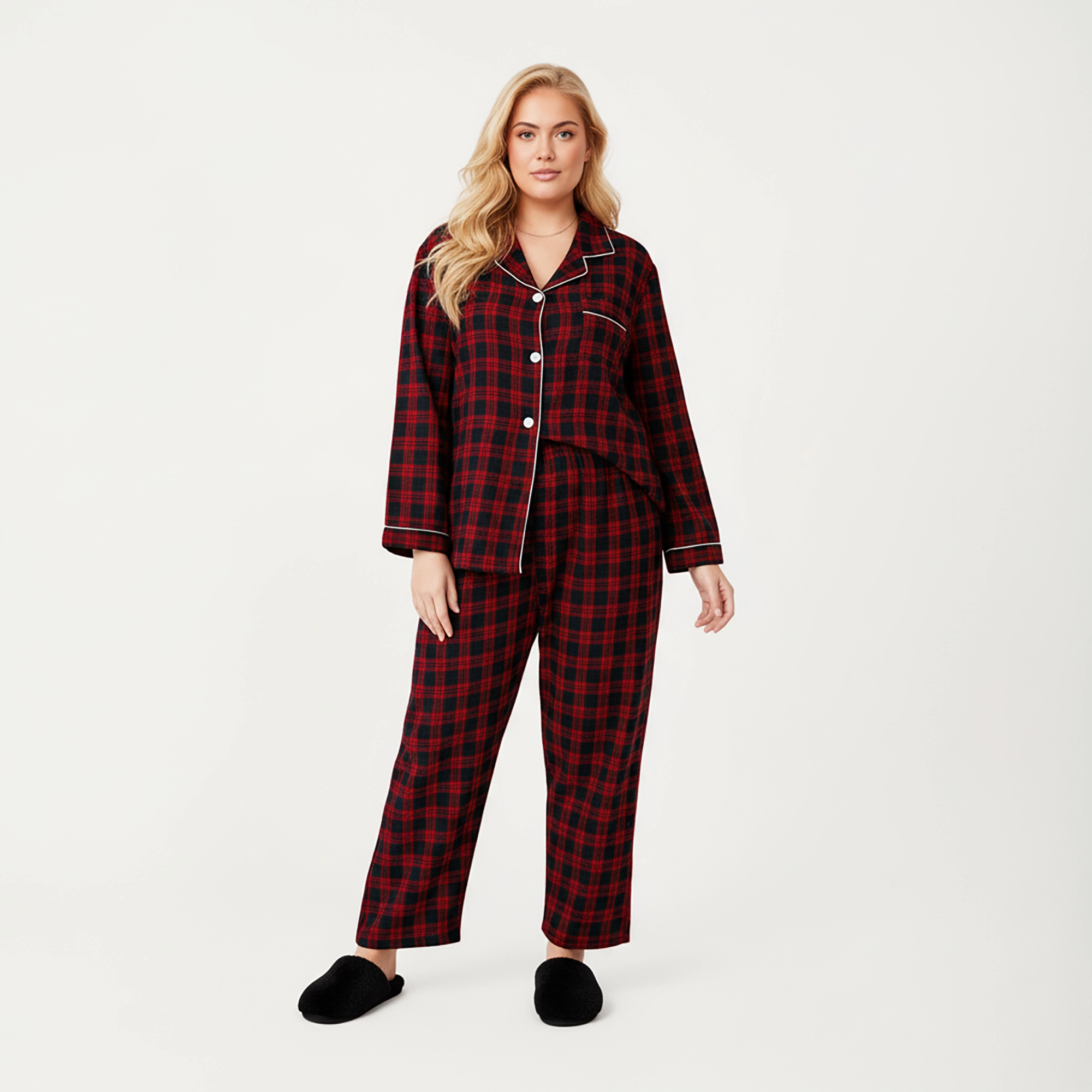 Anna-Kaci Women's Plus 2-Piece Plaid Button Front Pajama Top with Soft Brushed Fabric Matching Relaxed-Fit Pants