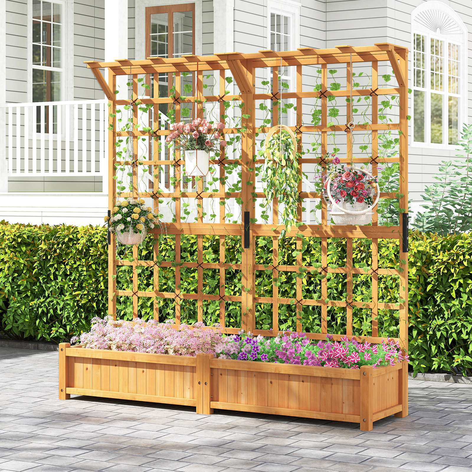 SlickBlue Outdoor Wooden Planter Box with Dual Trellis for Climbing Plants