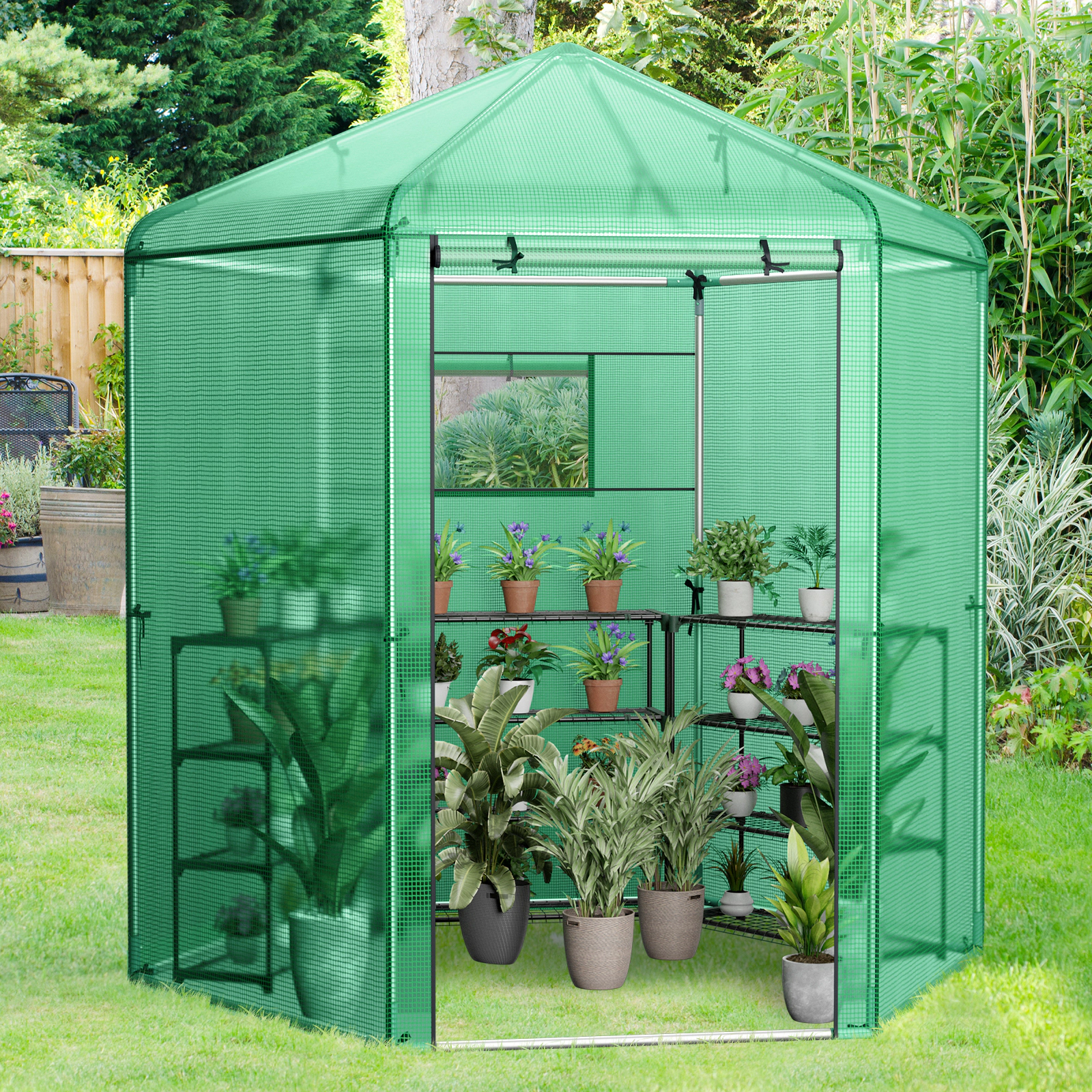 SUGIFT Walk-In Hexagonal Greenhouse Green 85 x 72 x 90 in with PE Cover and Metal Frame