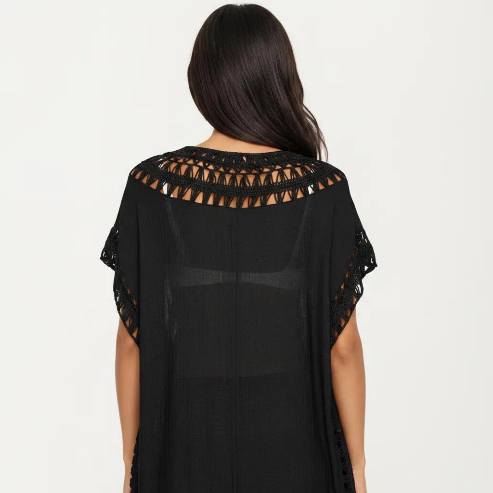 Anna-Kaci Women's Swim Cover Up Dress with Crochet Trim Short Sleeves Lightweight Beach Caftan