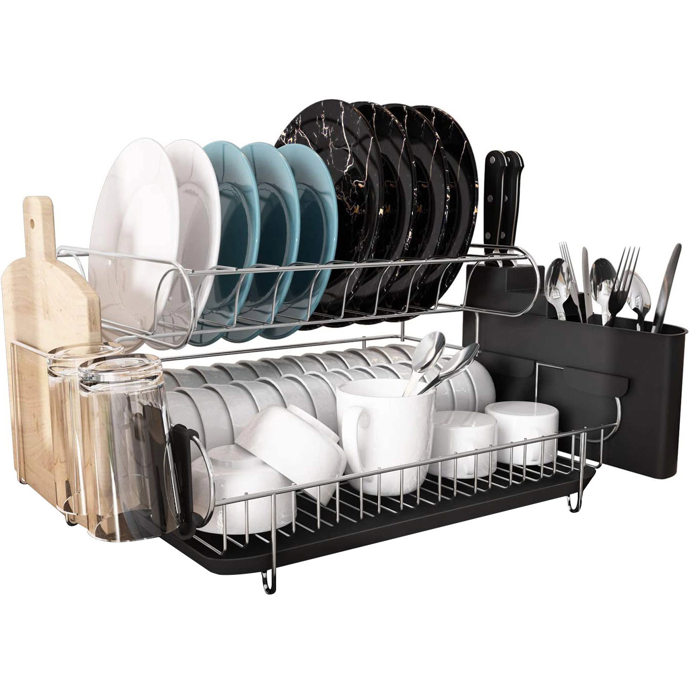Mega Casa 2-Tier Dish Drying Rack with Drainboard, Chrome Dish Strainer with Utensil Holder for Kitchen