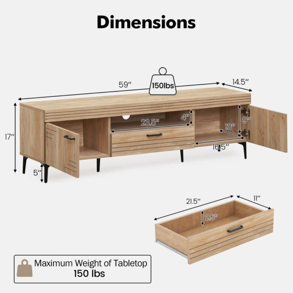 Hivvago Tv Stand With 2 Cabinets And Storage Drawer For 65 Inches Tvs-Oak