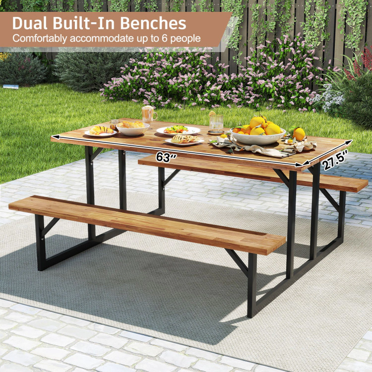 Hivvago 6-Person Acacia Wood Outdoor Picnic Table Set With 2 Built-In Benches