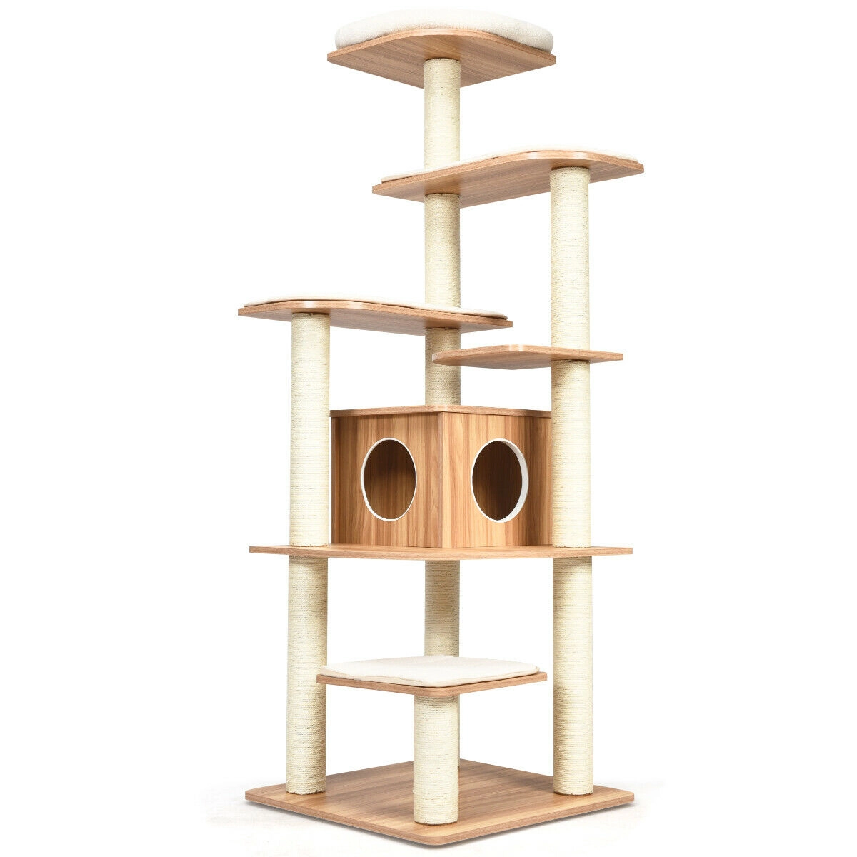 SUGIFT Natural 7-Layer Wooden Cat Tree 71 in Tall with Condo and Sisal Posts