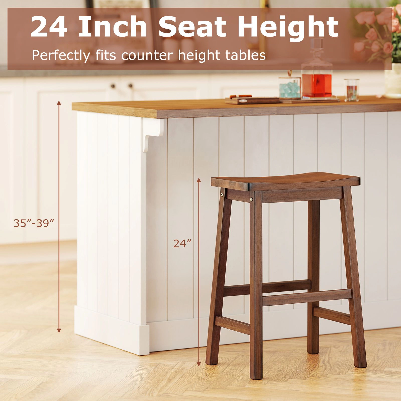 SlickBlue Set of 2 Walnut Saddle Seat Counter Height Bar Stools with Footrest Set