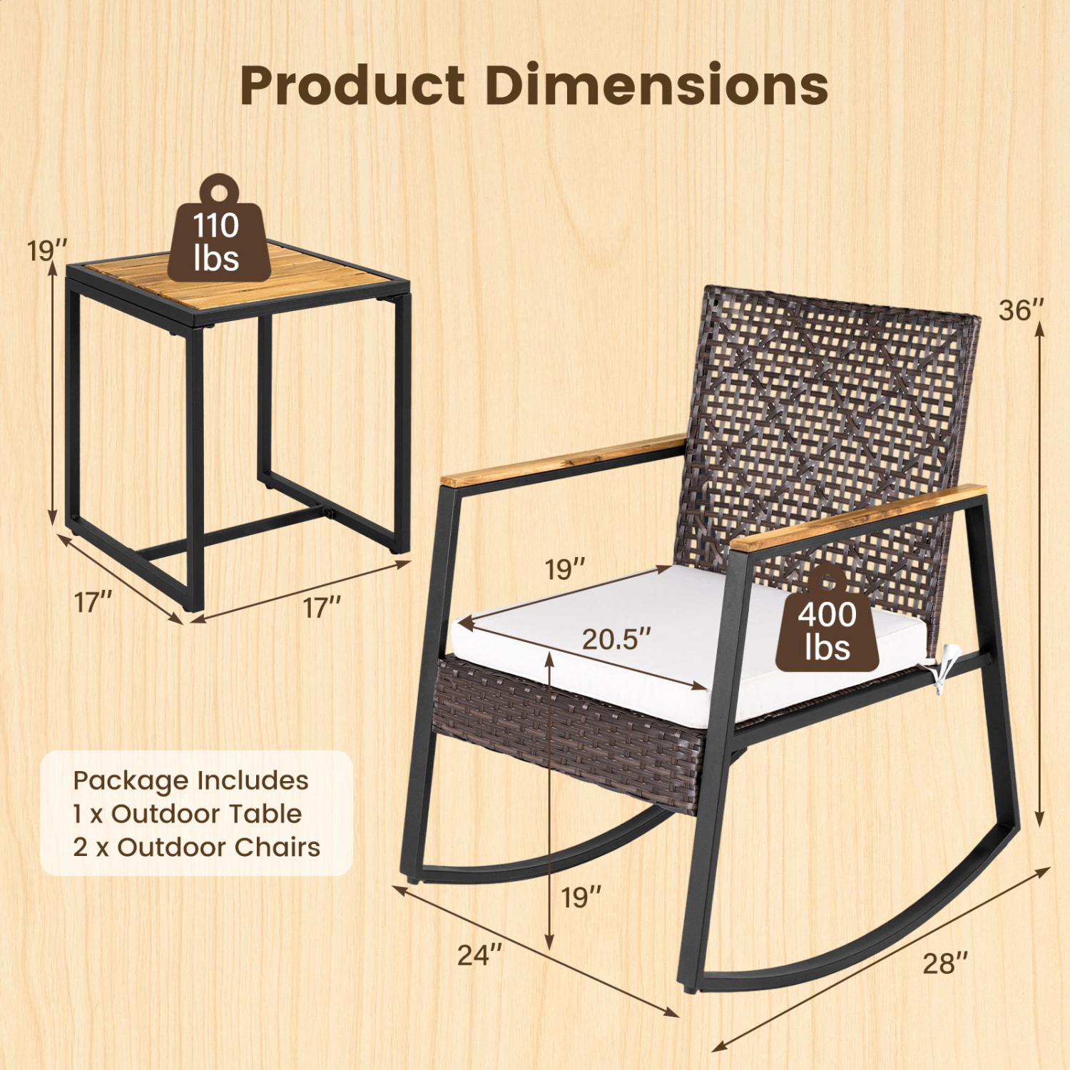 LJG 3-Piece Wicker Rocking Chair Set with Coffee Table and Cushions for Porch