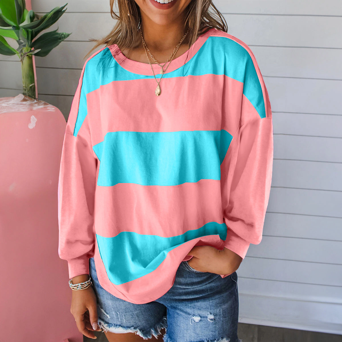 Sol Living Womens Colorblock Striped Drop Shoulder Loose Top