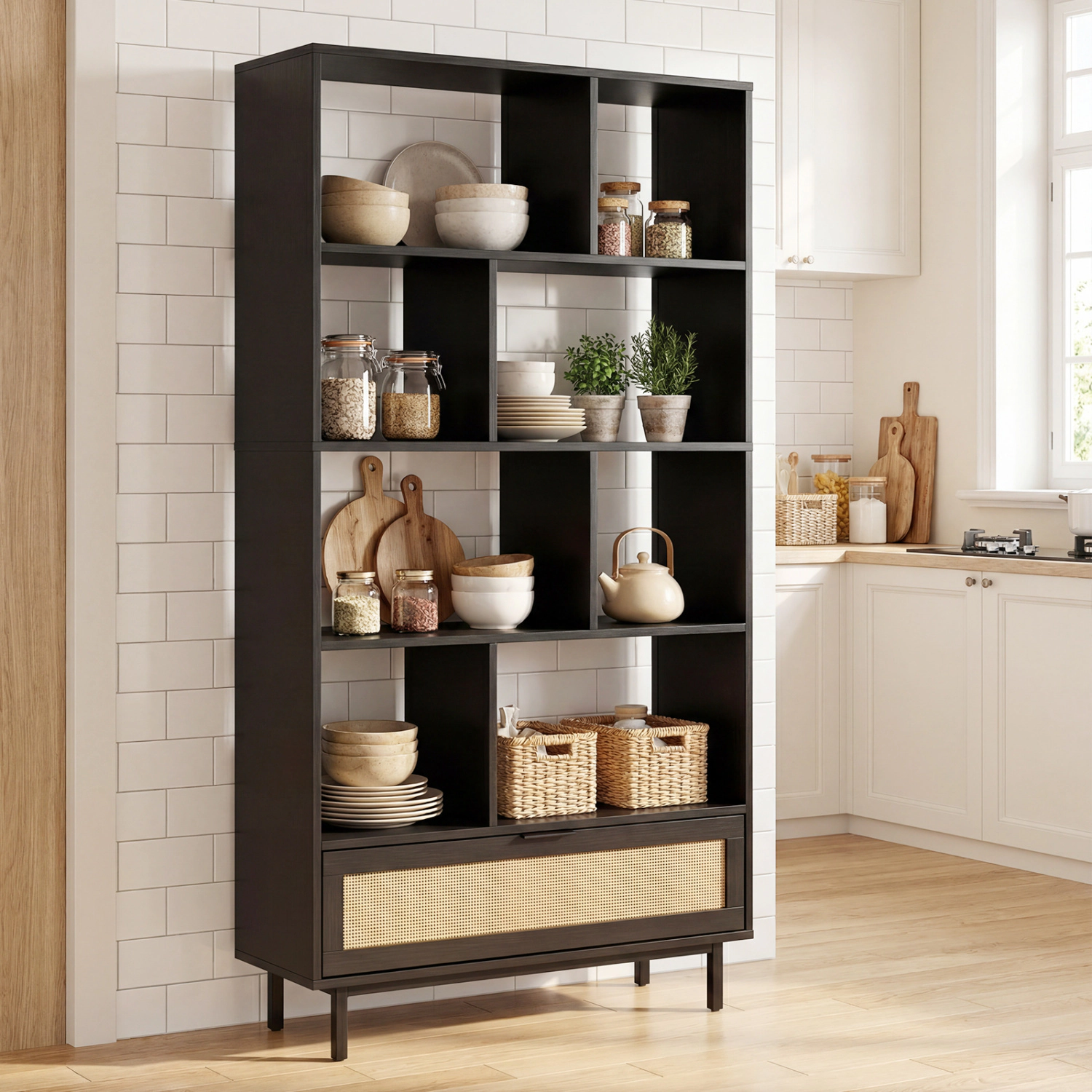 LJG 64 Inch 6-Tier Tall Wooden Bookcase with 8 Open Cubes