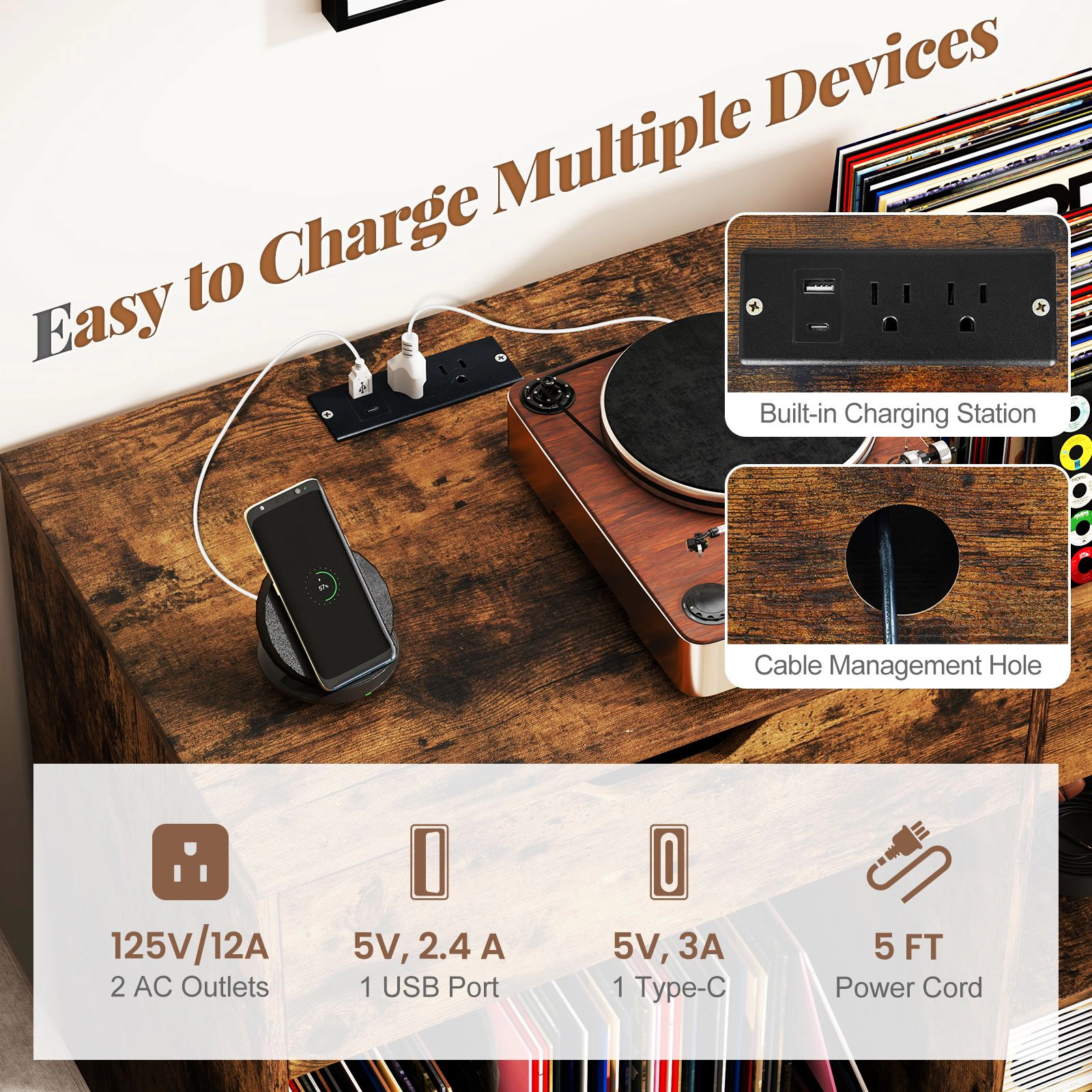 SlickBlue Record Player Stand with Power Outlet Vinyl Storage