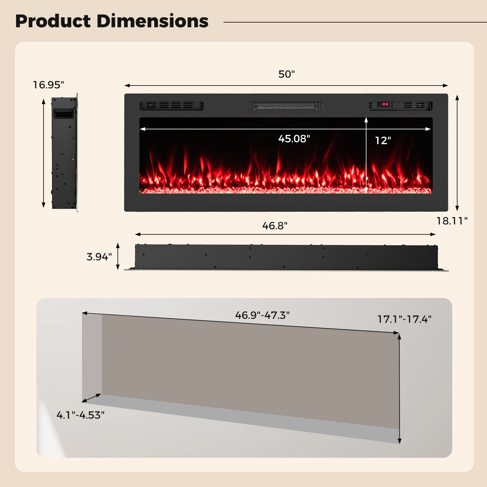 SUGIFT Smart WiFi Wall Mounted and Recessed Electric Fireplace 750W/1500W 50-in Black Heater
