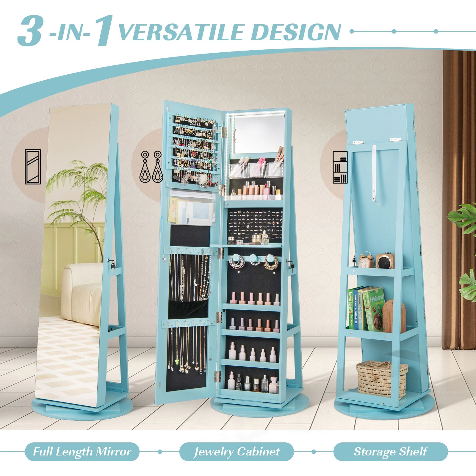 SlickBlue Lockable Jewelry Cabinet with Full Length Mirror