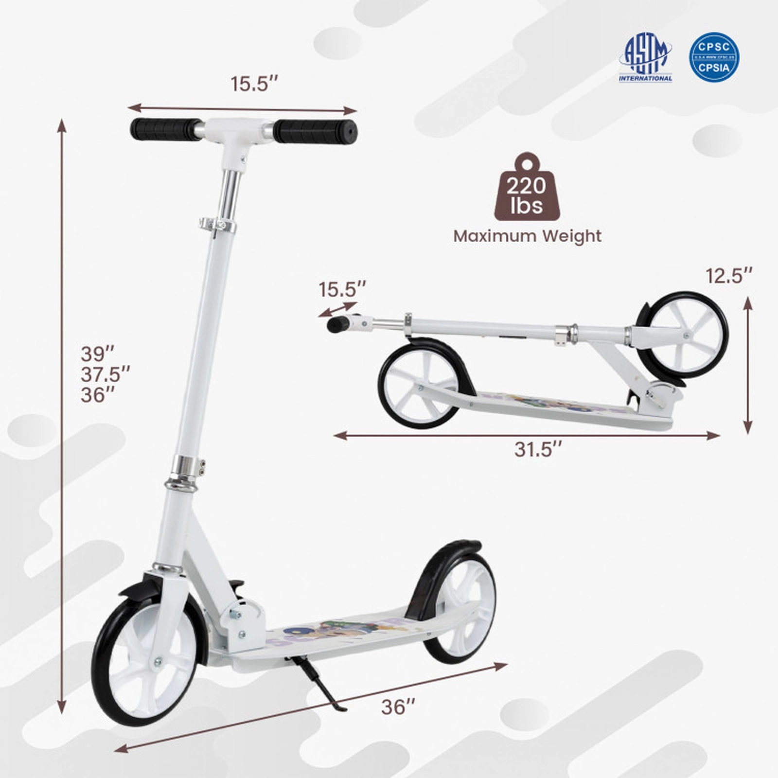 SUGIFT White Folding Kick Scooter, 220 lb Capacity, 8 in PU Wheels, Adjustable 3-Height Handlebar