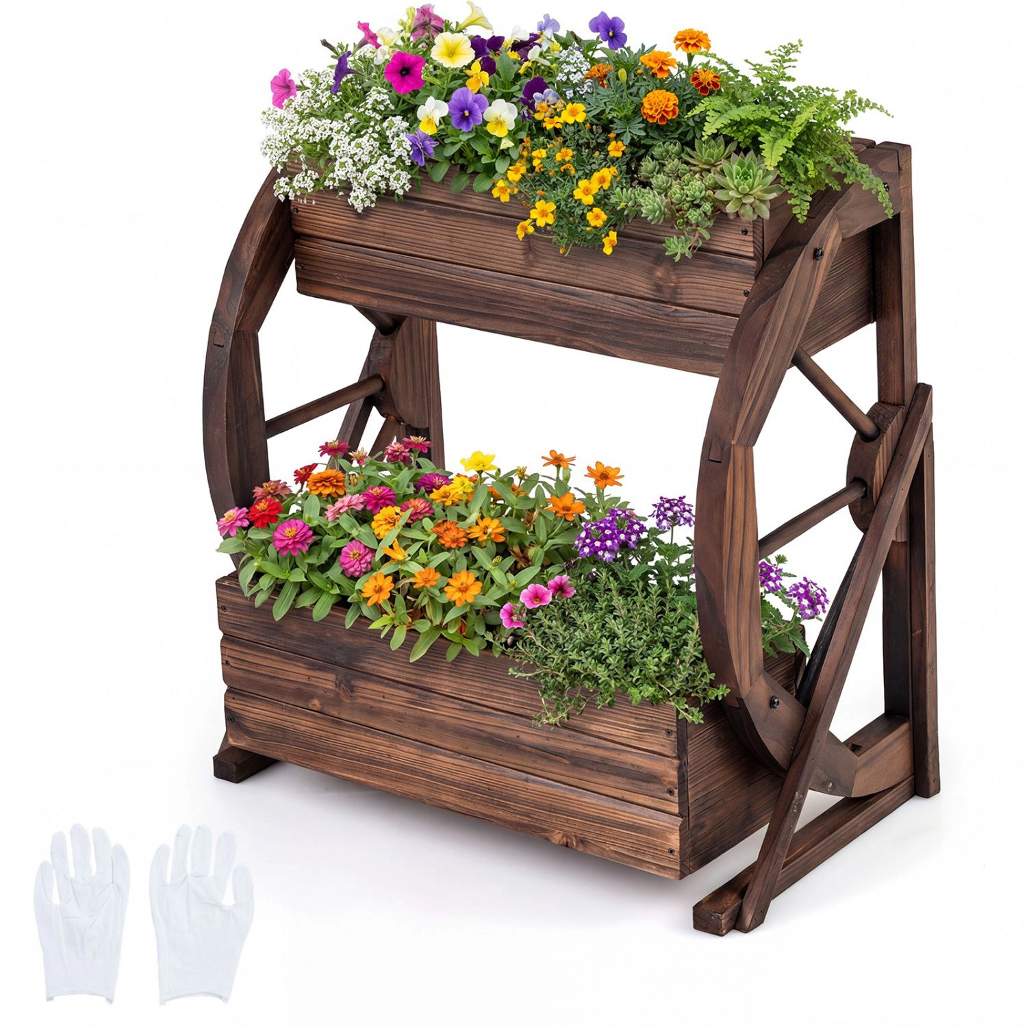 SlickBlue Wooden Wagon Planter Box 2 Tier Raised Garden Bed with Wheels