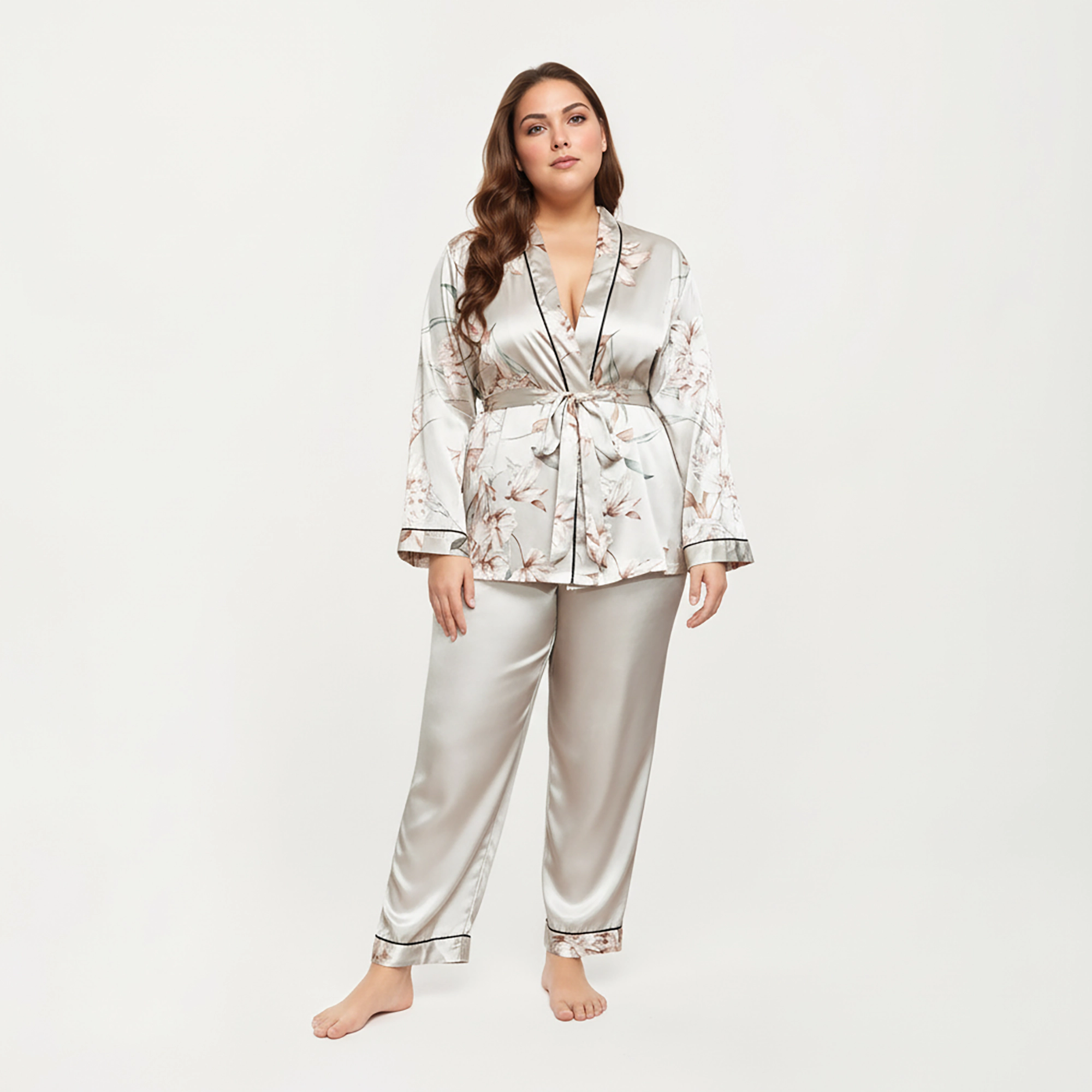 Anna-Kaci Women's Plus Satin Pajama Set with Wrap Front Tie Waist Top and Straight Leg Pants