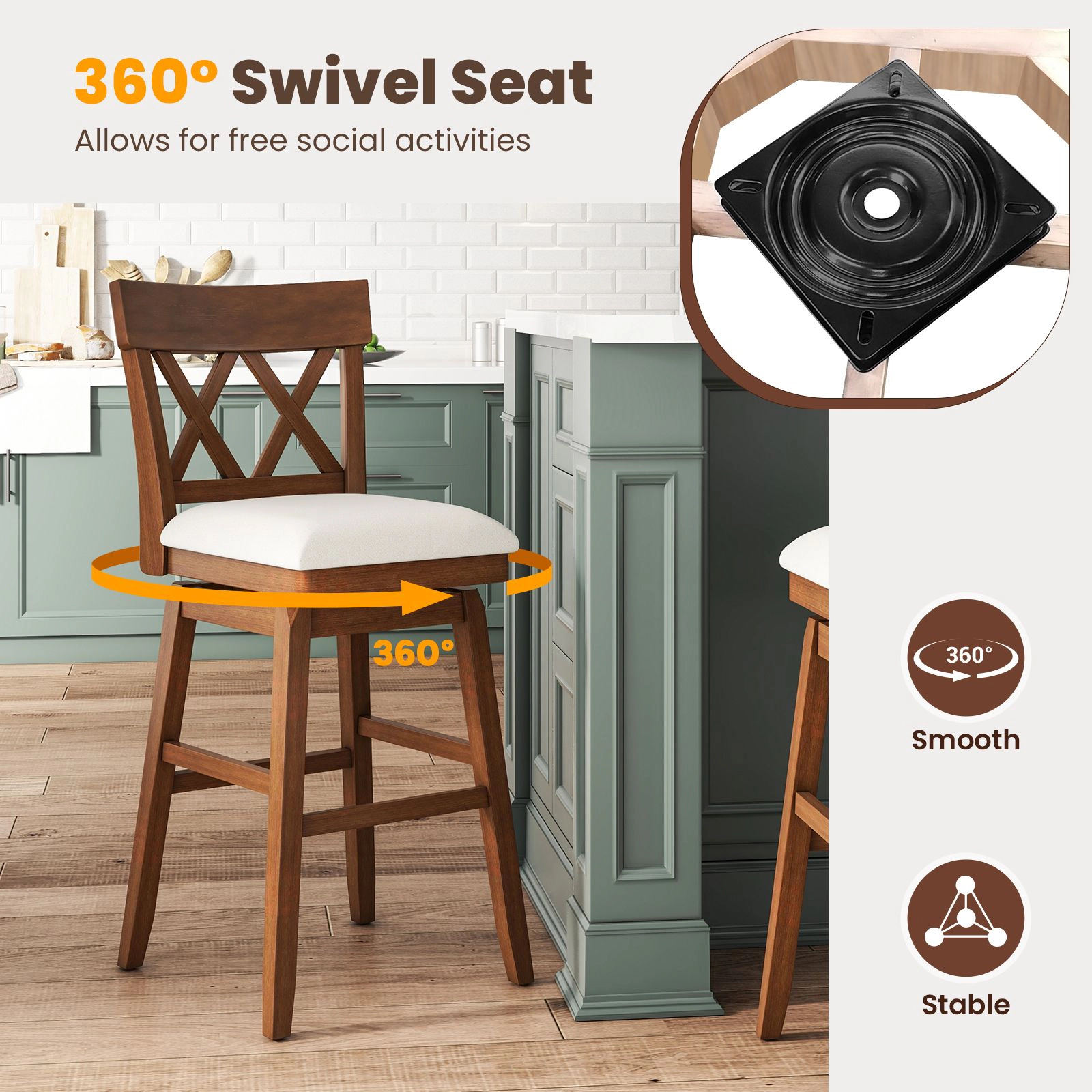 SlickBlue 31 Inch Upholstered Swivel Bar Stool with Backrest