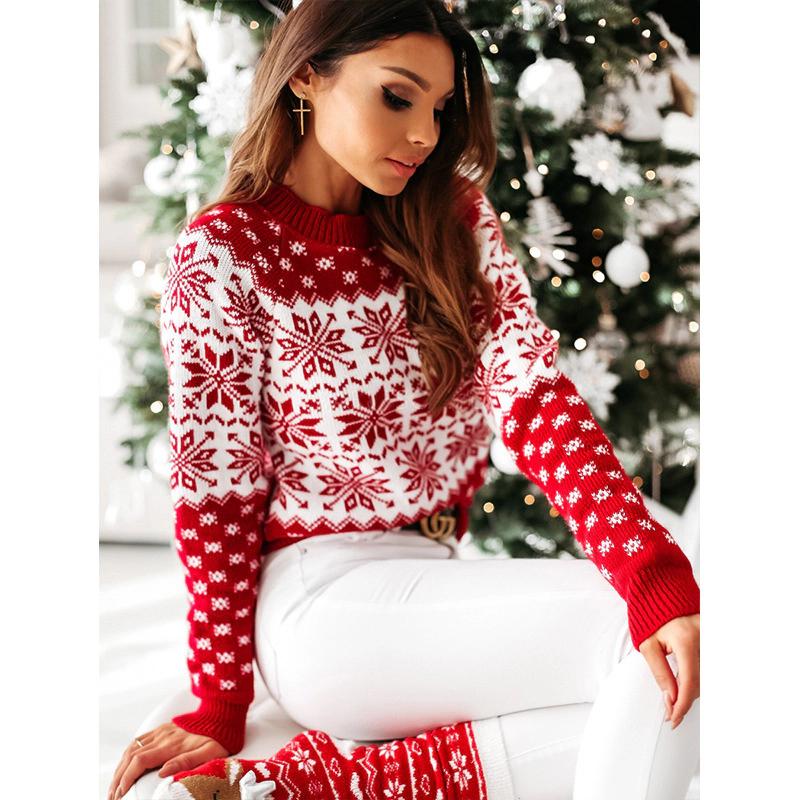 KOJOOIN Christmas Sweater for Women Funny Xmas Nordic Winter Knit Pullover Top Snowflake Print Ugly