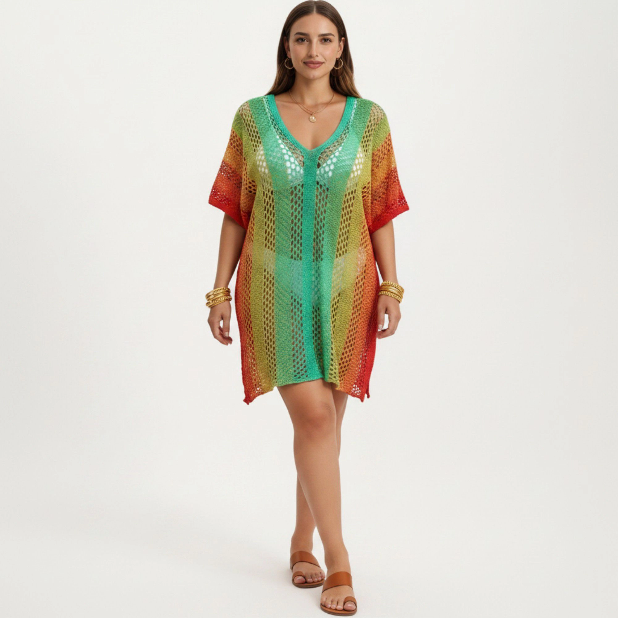 Anna-Kaci Women's Ombre Crochet Open Knit Mesh V Neck Short Sleeve Relaxed Fit Swim Cover Up Dress