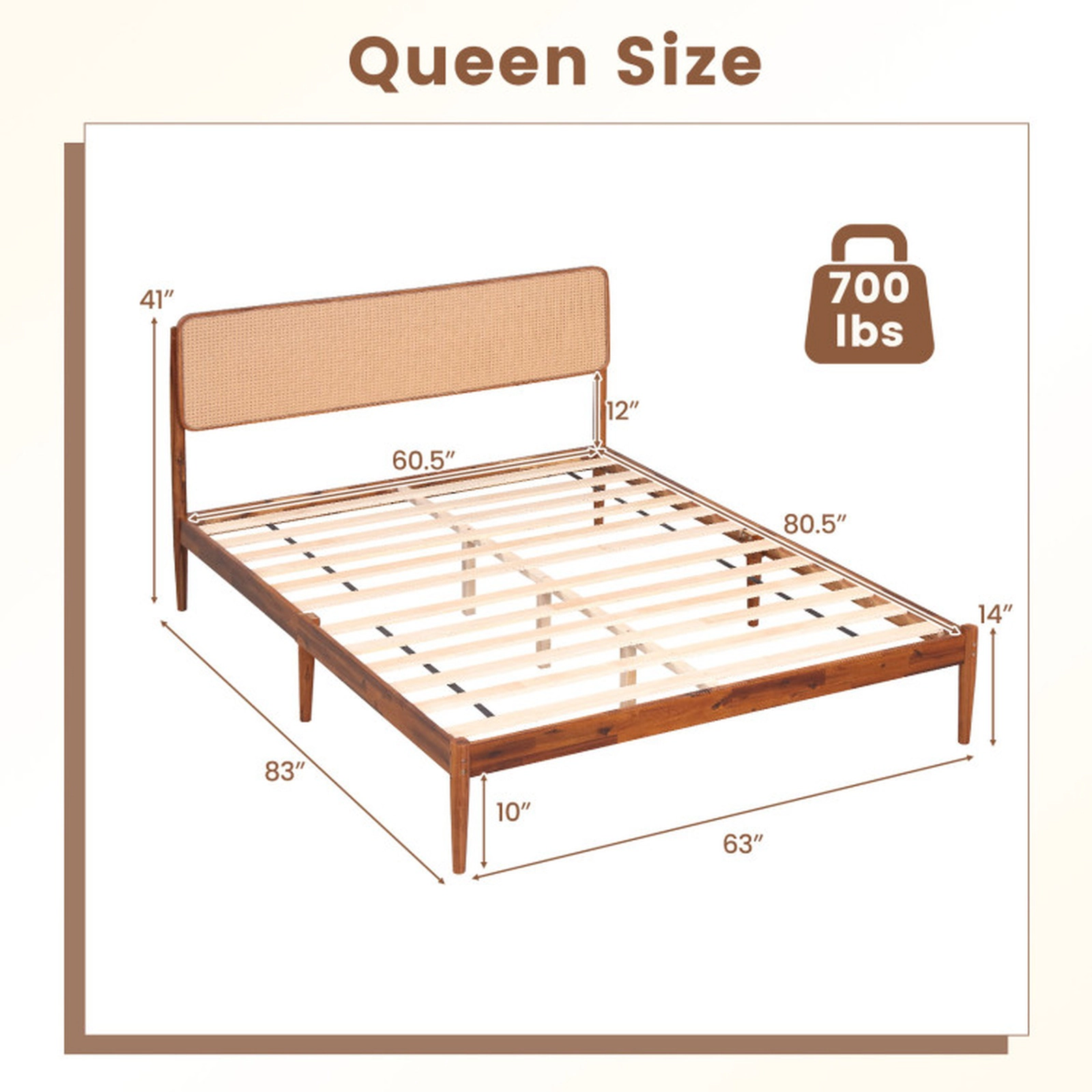 SUGIFT Full Size Brown Acacia Wood Boho Bed Frame with Rattan Headboard and 12 Slats 700-lb Frame Capacity